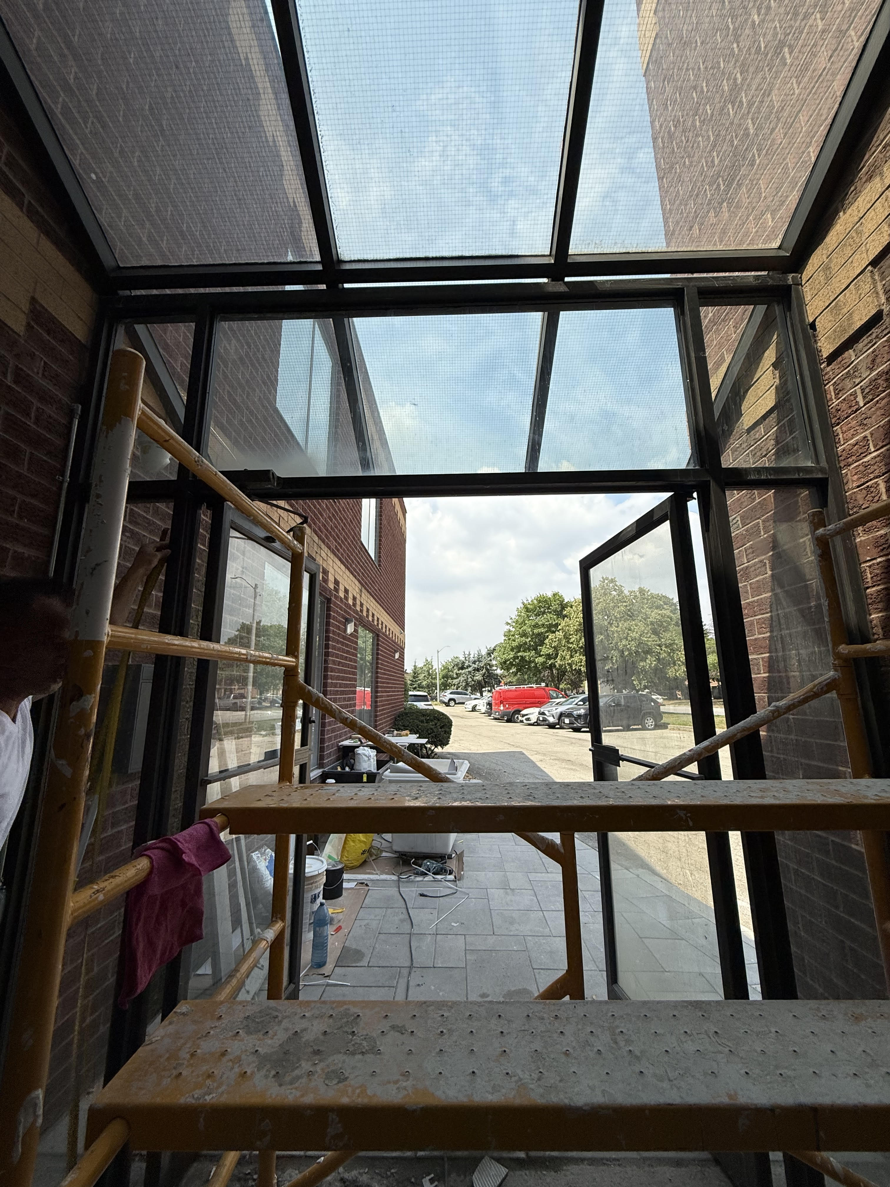 Professional crew preparing windows for film